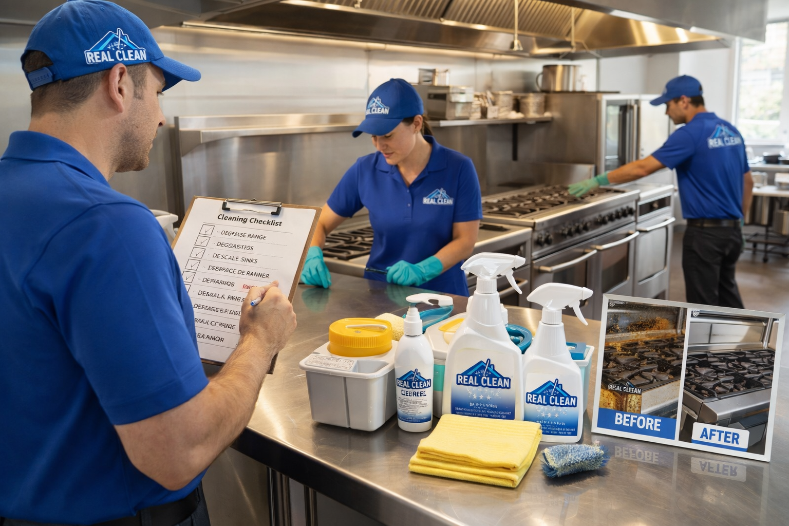 Professional deep cleaning team working in a commercial kitchen with checklists and supplies