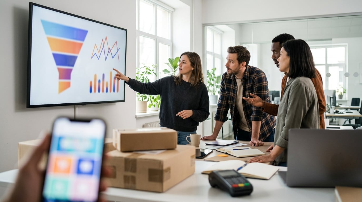 E-commerce team reviewing a conversion analytics funnel on screen